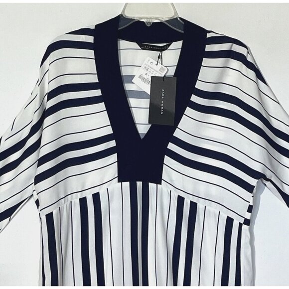 New ZARA White & Navy Blue Stripes High Low V-Neck Tunic Top - Picture 5 of 10